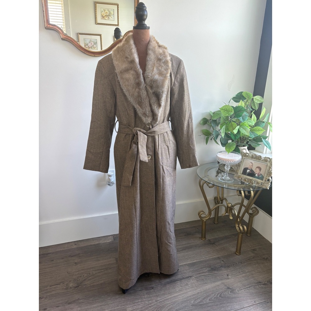 Vintage Eric Ryan Sport Tweed Maxi Coat Faux Fur Collar Brown Size‎ 10